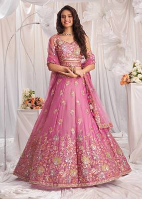 pink zari embroidered fendy bridal lehenga choli 4