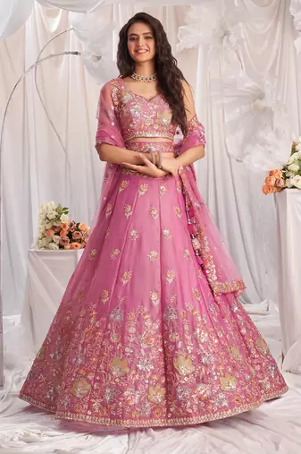 pink zari embroidered fendy bridal lehenga choli
