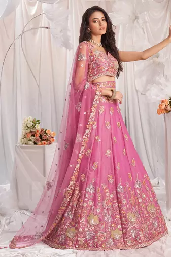 pink zari embroidered fendy bridal lehenga choli