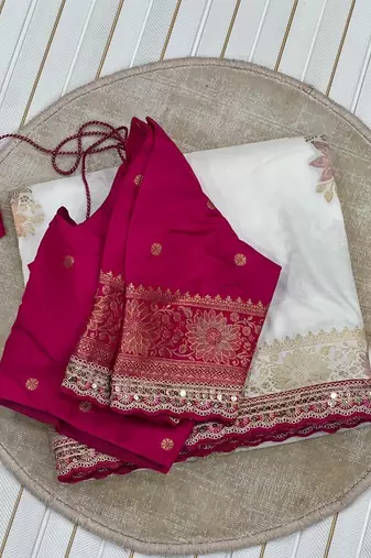 white embroidered dola silk festive saree