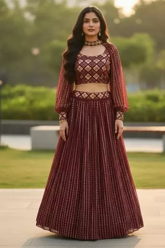 Glamourous Wine Georgette Zari & Sequence Embroidered indian wedding lattest designer Crop top lehenga choli