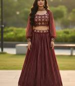 Glamourous Wine Georgette Zari & Sequence Embroidered indian wedding lattest designer Crop top lehenga choli
