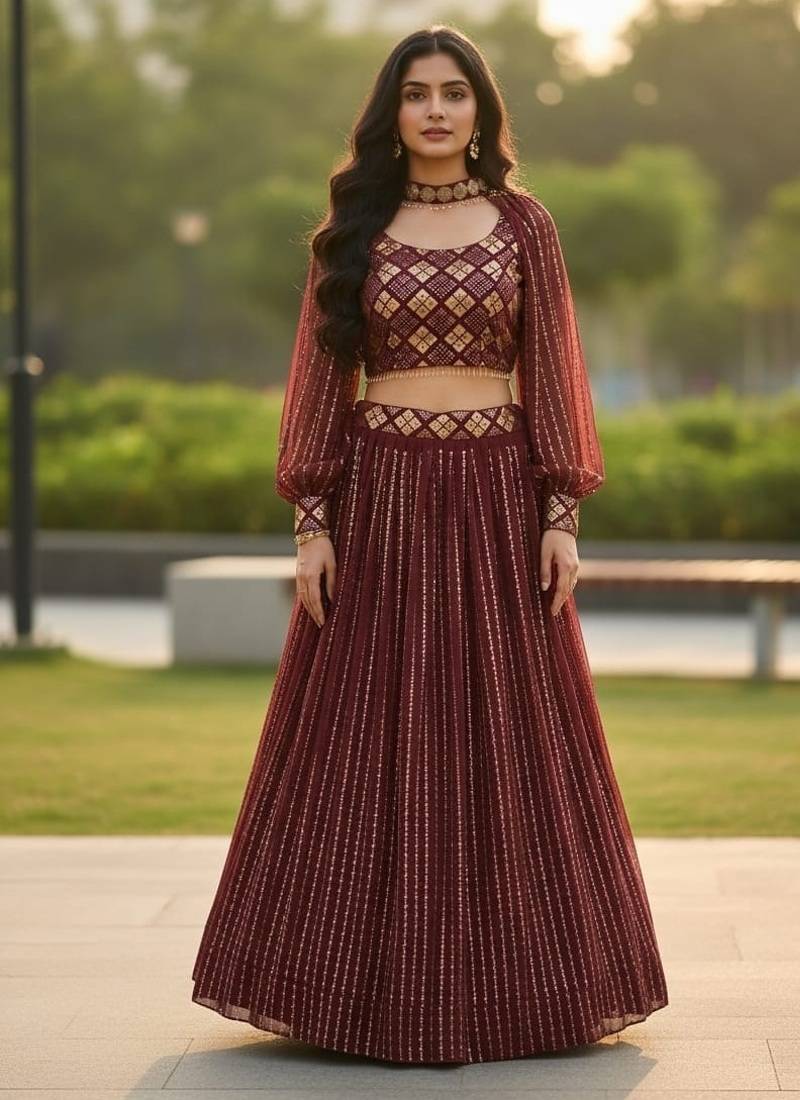 Glamourous Wine Georgette Zari & Sequence Embroidered indian wedding lattest designer Crop top lehenga choli