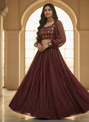 wine sequins embroidered georgette crop top lehenga 2
