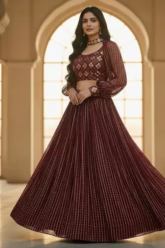 wine sequins embroidered georgette crop top lehenga