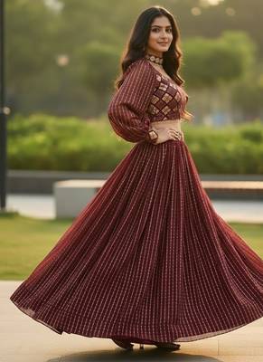 wine sequins embroidered georgette crop top lehenga 3