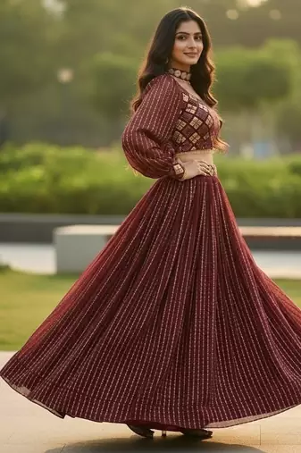 wine sequins embroidered georgette crop top lehenga
