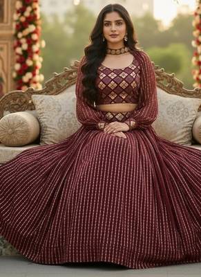 wine sequins embroidered georgette crop top lehenga 4