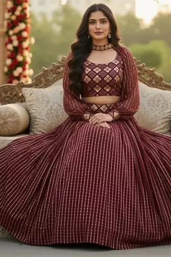 wine sequins embroidered georgette crop top lehenga