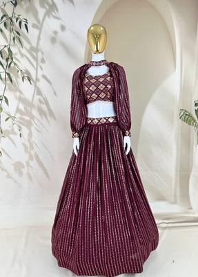 wine sequins embroidered georgette crop top lehenga 5