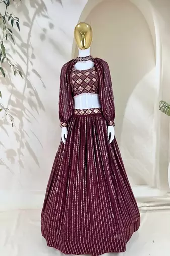 wine sequins embroidered georgette crop top lehenga