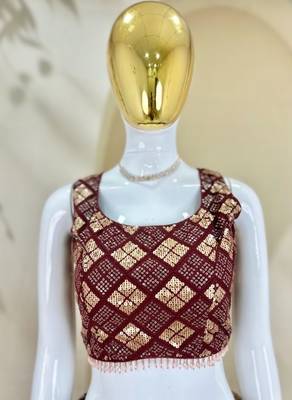 wine sequins embroidered georgette crop top lehenga 6