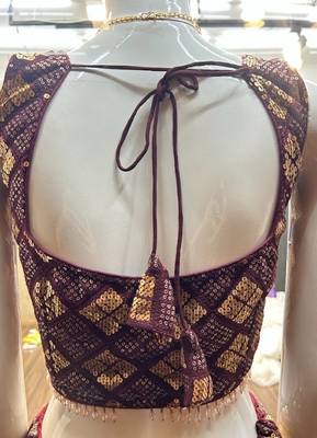 wine sequins embroidered georgette crop top lehenga 9