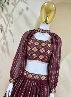 wine sequins embroidered georgette crop top lehenga 10