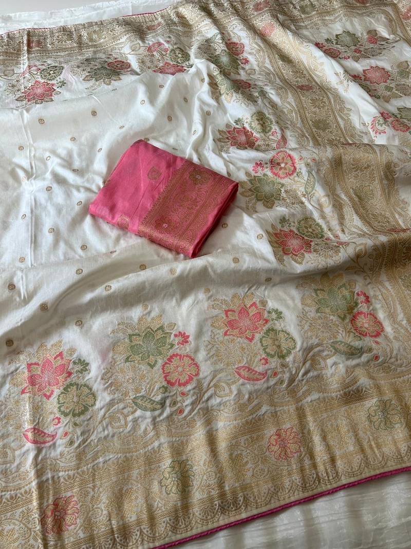 White Color Meenakari  Zari Weaving  Work Dolla Silk Saree