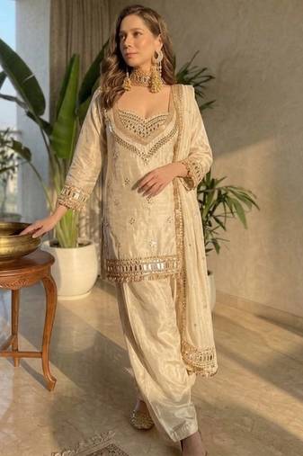 Cream chinon silk heavy thread embroidery with mirror work kurta pant dupatta with blouse set