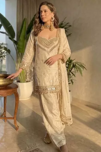 Cream chinon silk heavy thread embroidery with mirror work kurta pant dupatta with blouse set