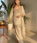 Cream chinon silk heavy thread embroidery with mirror work kurta pant dupatta with blouse set
