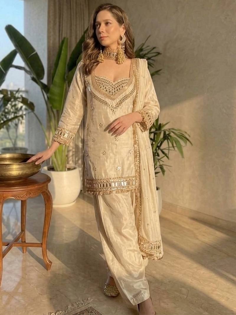 Cream chinon silk heavy thread embroidery with mirror work kurta pant dupatta with blouse set