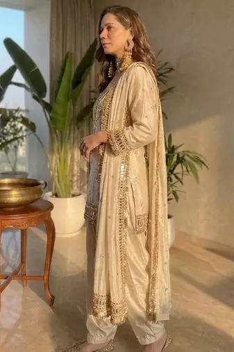Cream chinon silk heavy thread embroidery with mirror work kurta pant dupatta with blouse set