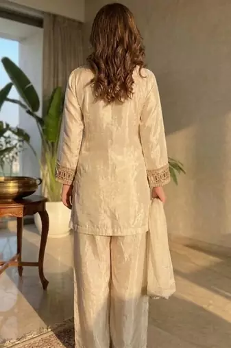Cream chinon silk heavy thread embroidery with mirror work kurta pant dupatta with blouse set