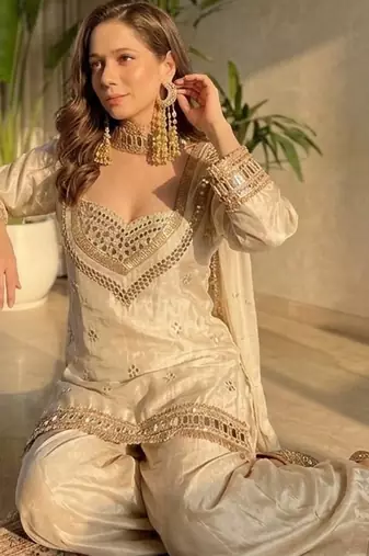 Cream chinon silk heavy thread embroidery with mirror work kurta pant dupatta with blouse set