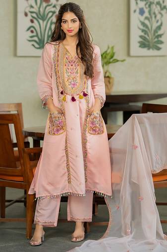 Peach p.v. chanderi heavy thread embroidery sequins work kurta pant set