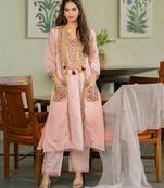 Peach p.v. chanderi heavy thread embroidery sequins work kurta pant set