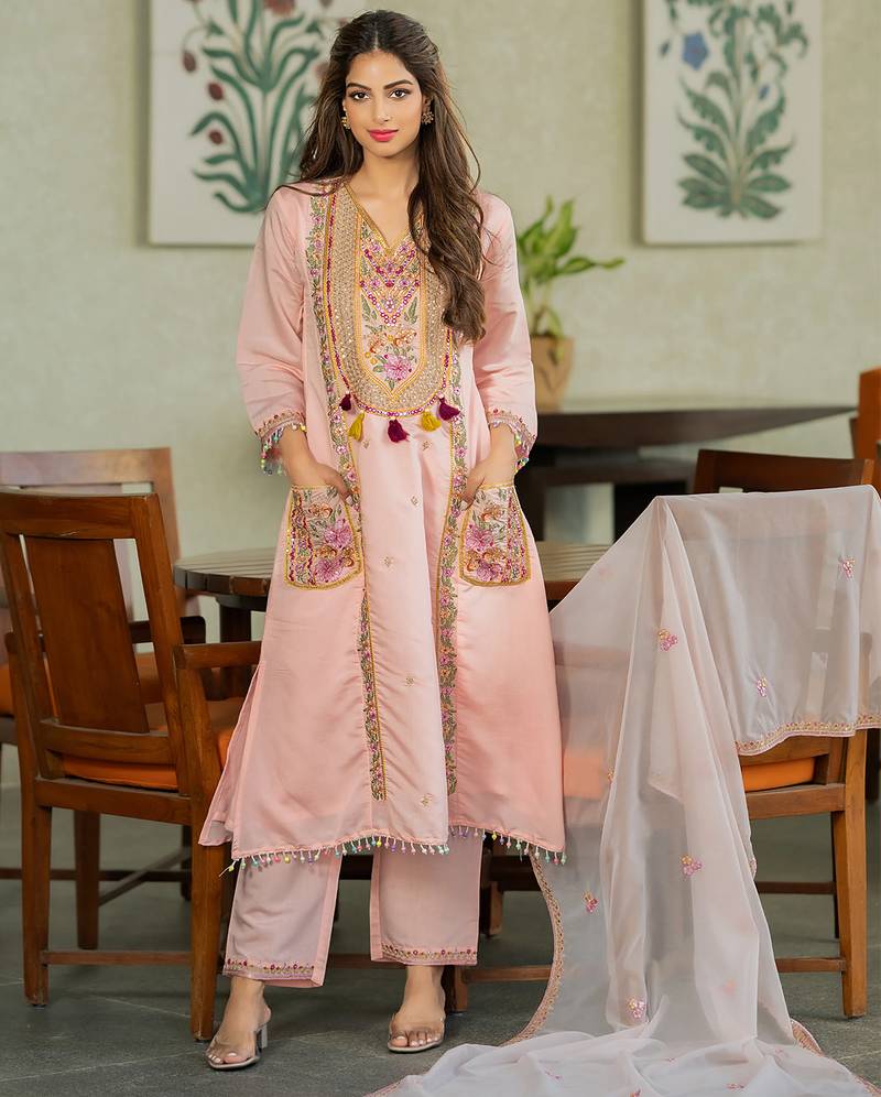 Peach p.v. chanderi heavy thread embroidery sequins work kurta pant set
