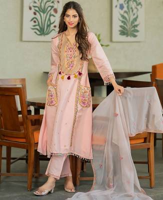 Peach p.v. chanderi heavy thread embroidery sequins work kurta pant set 2