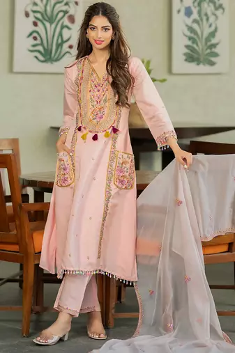 Peach p.v. chanderi heavy thread embroidery sequins work kurta pant set
