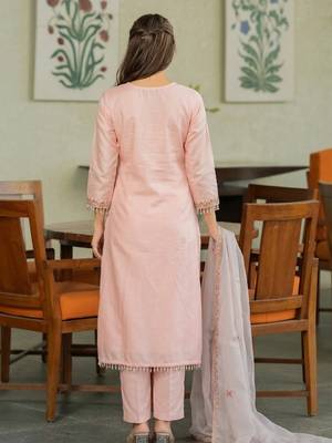 Peach p.v. chanderi heavy thread embroidery sequins work kurta pant set 3
