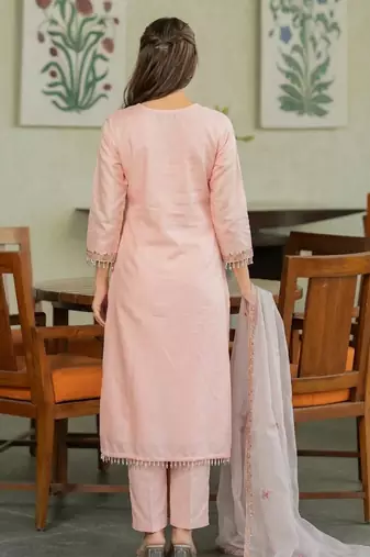 Peach p.v. chanderi heavy thread embroidery sequins work kurta pant set