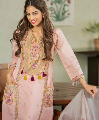 Peach p.v. chanderi heavy thread embroidery sequins work kurta pant set 4