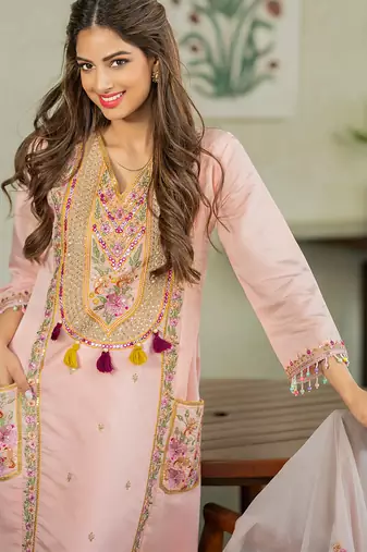 Peach p.v. chanderi heavy thread embroidery sequins work kurta pant set