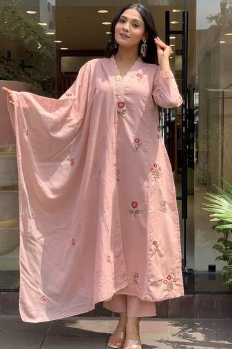 Pink p.v. chanderi heavy thread embroidery work kurta pant set