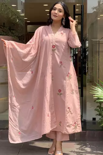 Pink p.v. chanderi heavy thread embroidery work kurta pant set