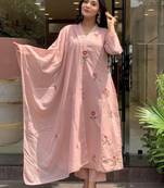 Pink p.v. chanderi heavy thread embroidery work kurta pant set