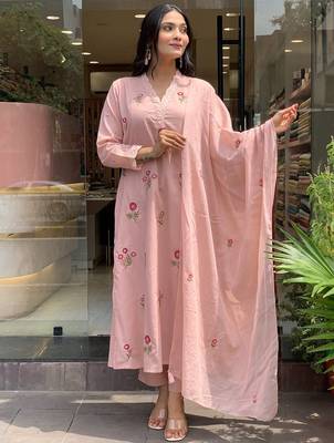 Pink p.v. chanderi heavy thread embroidery work kurta pant set 2