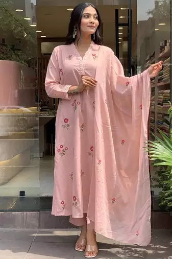 Pink p.v. chanderi heavy thread embroidery work kurta pant set