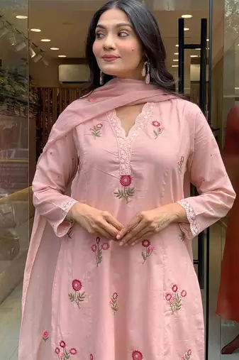 Pink p.v. chanderi heavy thread embroidery work kurta pant set