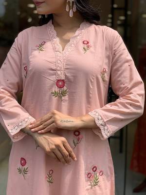 Pink p.v. chanderi heavy thread embroidery work kurta pant set 4
