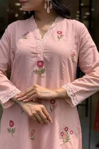 Pink p.v. chanderi heavy thread embroidery work kurta pant set