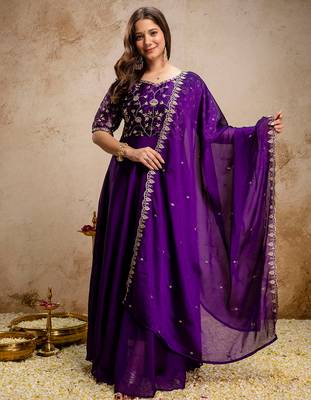Purple chinon heavy thread embroidery work kurta with dupatta 1