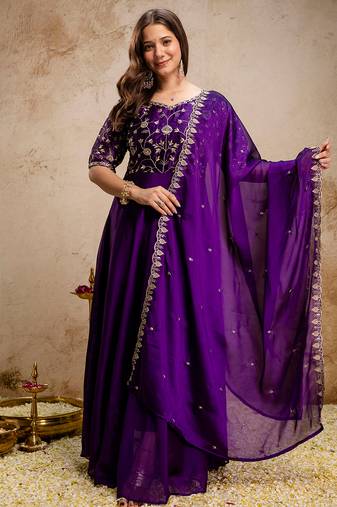 Purple chinon heavy thread embroidery work kurta with dupatta