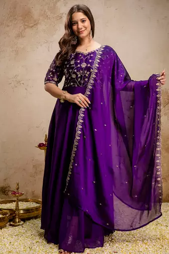 Purple chinon heavy thread embroidery work kurta with dupatta