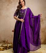 Purple chinon heavy thread embroidery work kurta with dupatta