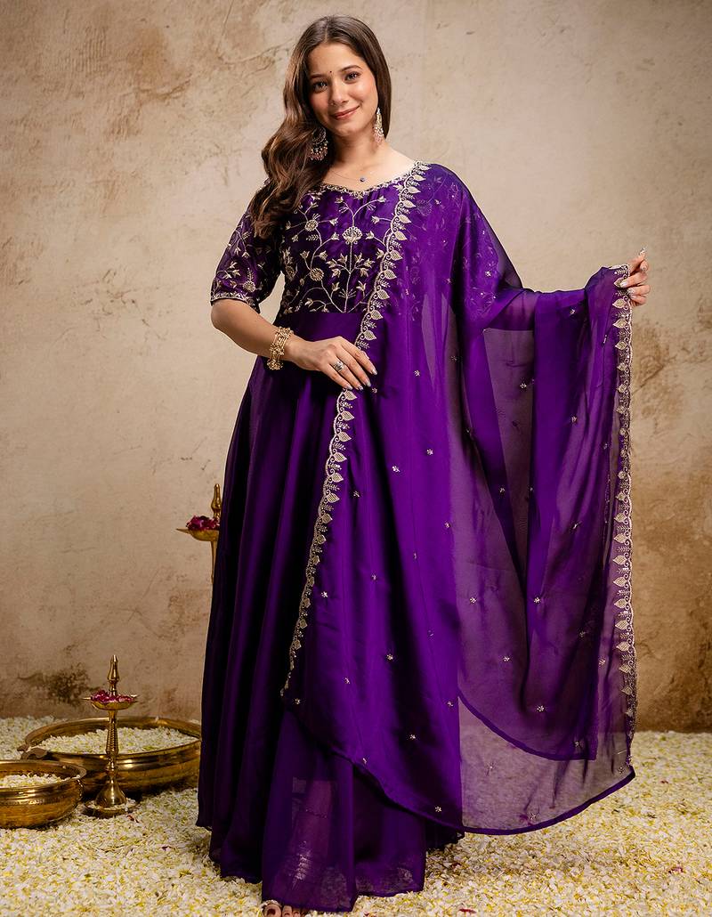 Purple chinon heavy thread embroidery work kurta with dupatta