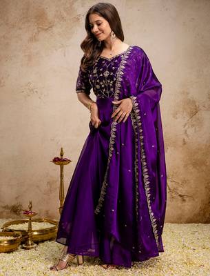 Purple chinon heavy thread embroidery work kurta with dupatta 2