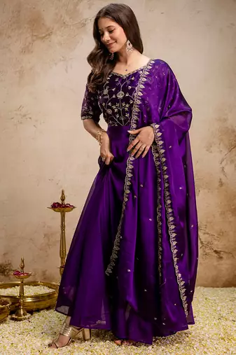 Purple chinon heavy thread embroidery work kurta with dupatta
